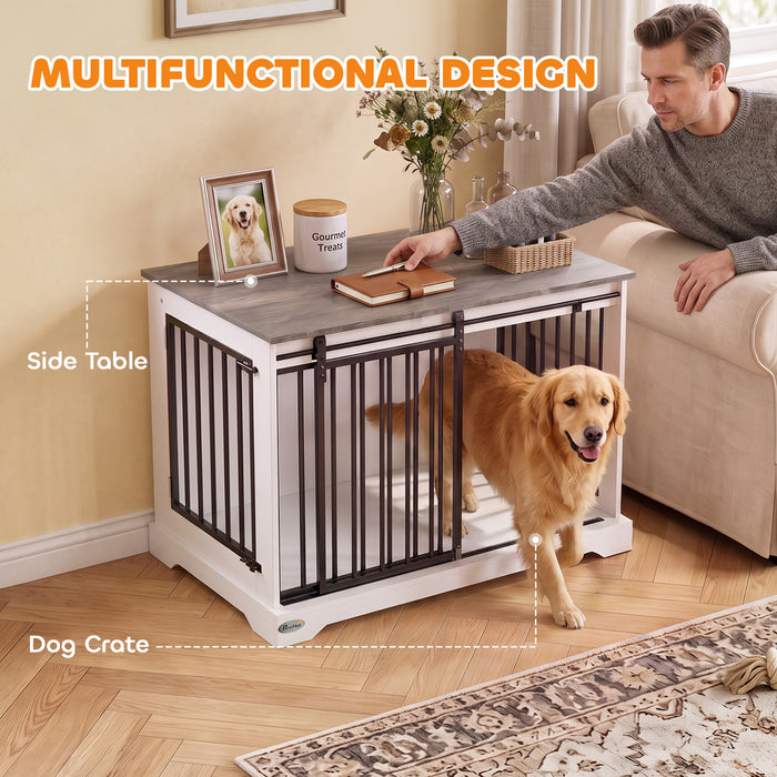 PawHut 100 cm Large Dog Crate Furniture with Sliding Barn Door for Large Dogs, White