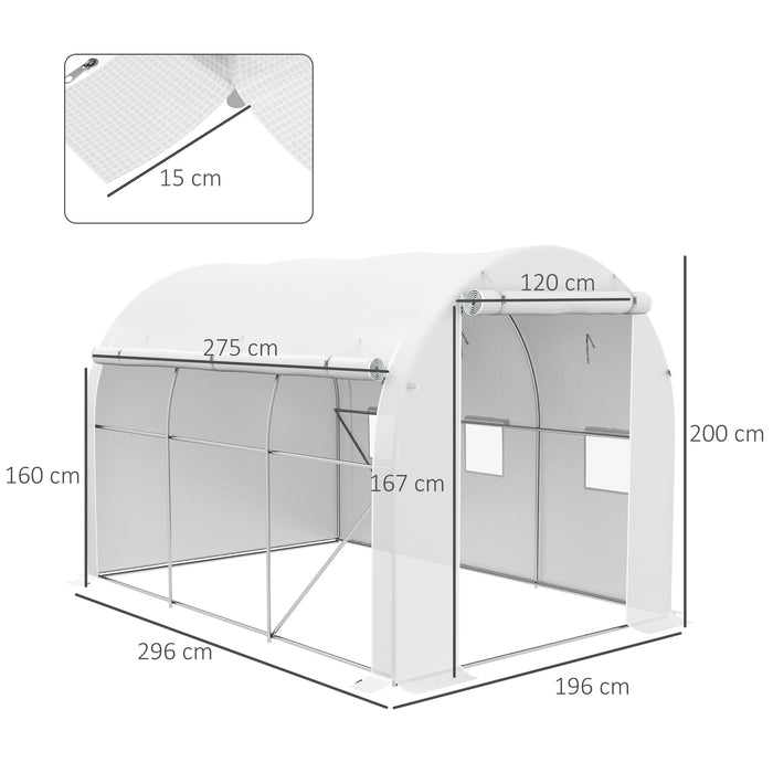 Outsunny 296 x 196cm Steel Frame Polytunnel Greenhouse - White | Aosom UK