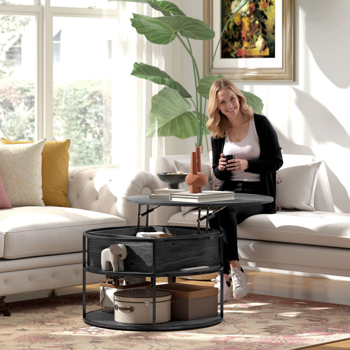 HOMCOM Lift Top Coffee Table, Round Coffee Table with Storage Shelf, Hidden Compartment and Steel Frame for Living Room, Home Office, Charcoal Grey