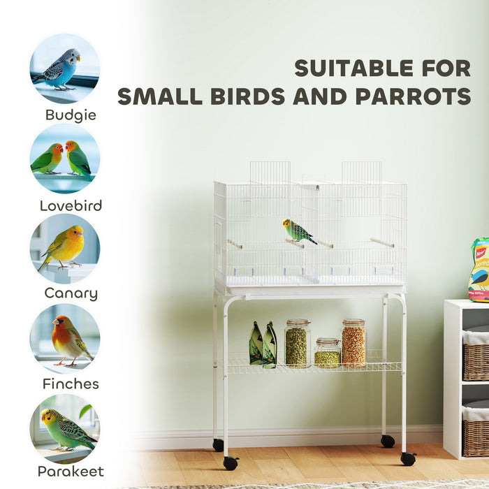 PawHut Bird Cage with Divider, 4 Wooden Perches, Slide Out Tray, 4 Feeders, for Budgie, Lovebird, Canary, 76 x 46 x 116cm White