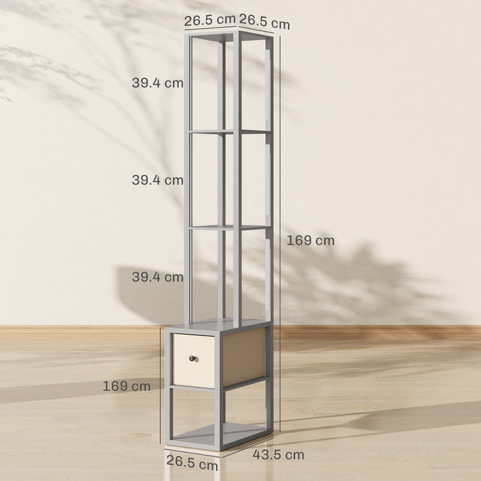 HOMCOM Floor Lamp with Shelves, LED Column Modern Standing Lamp with Fabric Drawer, Adjustable Brightness, Foot Switch for Living Room, Bedroom, Office, Grey