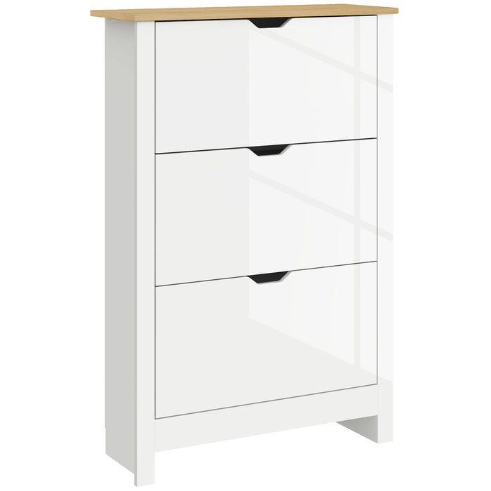 HOMCOM Slim Shoe Cabinet, Narrow Shoe Cupboard with 3 Flip Drawers, Adjustable Shelves for 18 Pairs of Shoes, High Gloss White