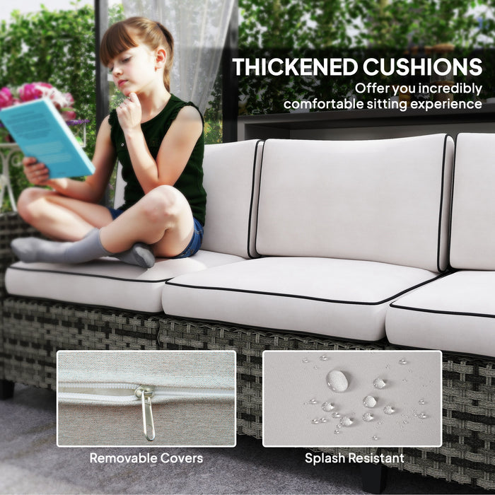 Outsunny 6 Pieces Rattan Garden Furniture Set, 5 Seater Wicker Outdoor Furniture Set with 2 Armchairs, Steel Frame Coffee Table and Cushions for Balcony, Porch, Light Grey