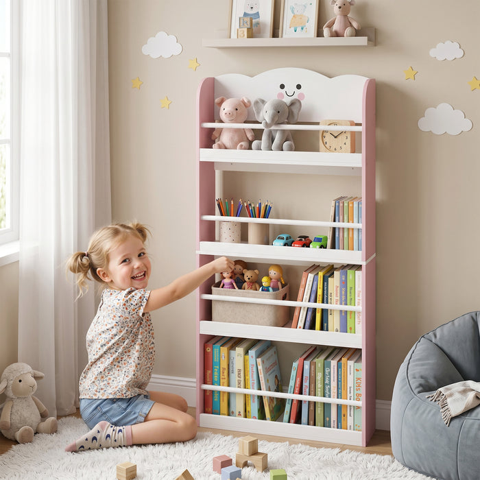 AIYAPLAY 4 Tier Kids Bookshelf, Wall-Mounted Children Bookcase, Toddler Space-Saving Bookcase for Kids Room, Playroom, Pink