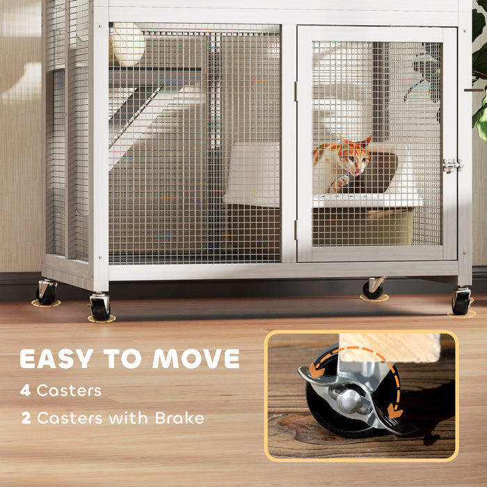 PawHut Wooden Catio Cat Outdoor Enclosure, Cat Cage with Waterproof Roof, Platforms, for Multiple Cats, White