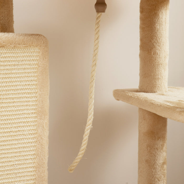 PawHut 132cm Cat Tree w/ Scratching Posts, Pad, Cat Bed, Cat House, Jumping Platform, Grooming Brush, Anti-Tip Kit, Beige