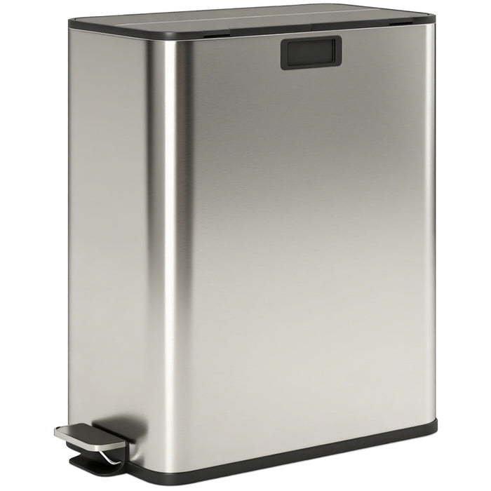 HOMCOM Dual Kitchen Bin with Soft-Close Butterfly Lid, 2 x 28L Stainless Steel Pedal Bin with Removable Inner Buckets, Fingerprint-Proof for Recycling and Waste, Silver Tone