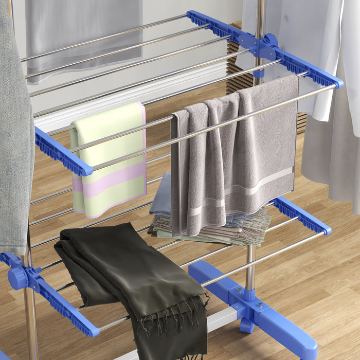 4-Tier Clothes Airer - Foldable Stainless Steel Drying Rack with Wheels and Wings for Indoor/Outdoor Use - Space-Saving Laundry Solution for Home or Apartment