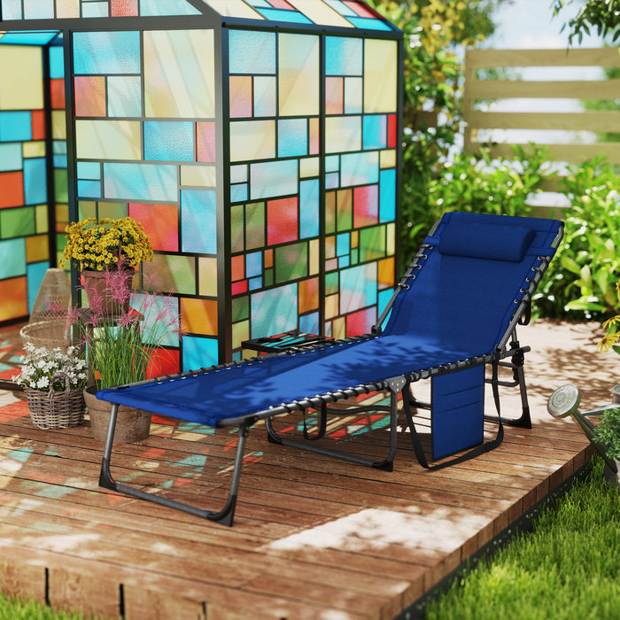 Outsunny Folding Sun Lounger with Side Table, 5-Level Adjustable Reclining Sun Lounger Chair, Portable Garden Recliner Sunbed with Side Pocket, Head Pillow for Patio, Beach, Dark Blue