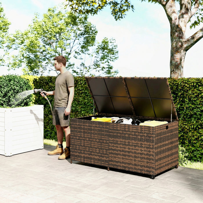 Outsunny 650L Garden Storage Box with 2 Wheels, Rattan Deck Box with Waterproof Zipped Liner, Safe Pneumatic Rods, Mixed Brown