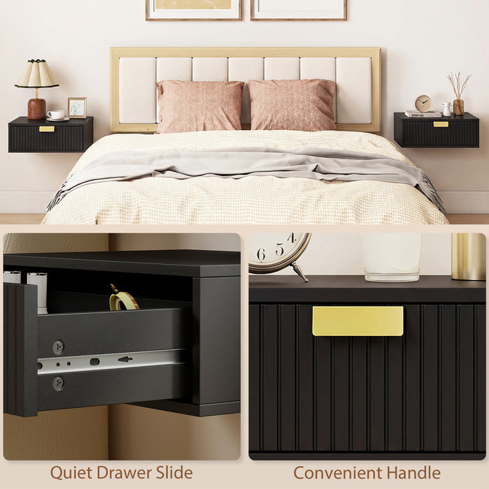 HOMCOM Modern Floating Nightstands Set of 2, Wall Mounted Bedside Tables with Wave Drawer Black