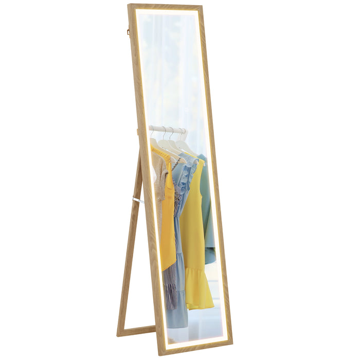 HOMCOM Full Length Mirror, with Adjustable Outer Light, Oak