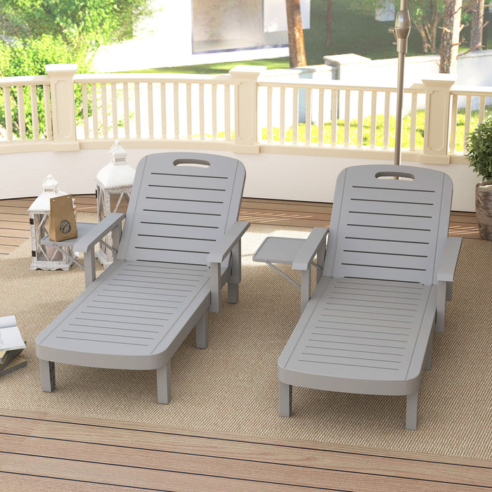 Outsunny Set of 2 Resin Reclining Sun Loungers for Garden, 5 Positions Adjustable Outdoor Chaise Lounge Chairs with Wood Texture Surface, Armrests, Foldable Side Table for Garden, Beach, Light Grey