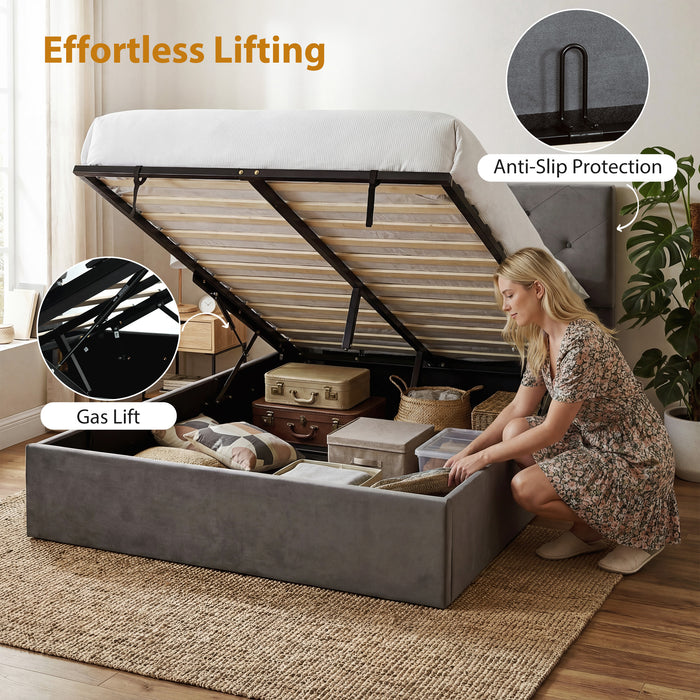 HOMCOM Double Bed Frame Gas End Lift Under Bed Storage Upholstered Platform Bed Tufted Headboard for 140 x 190 cm Mattress