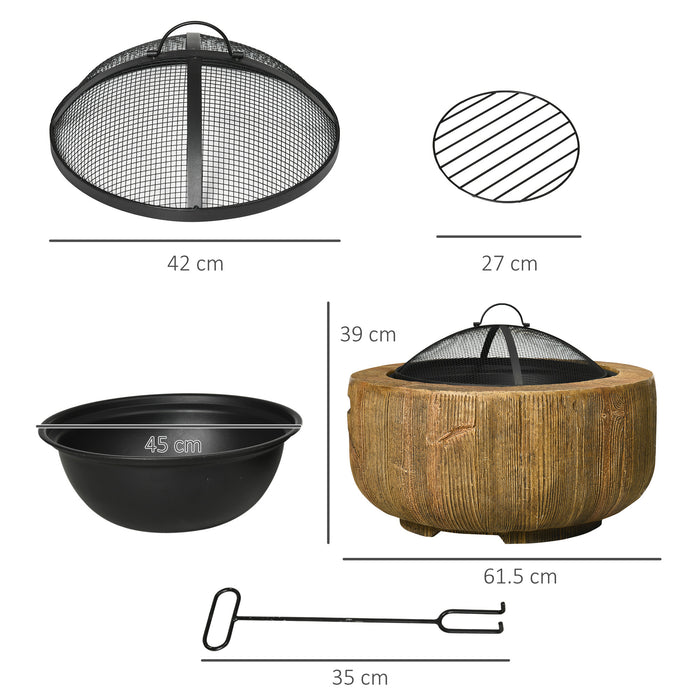 Outsunny Outdoor Fire Pit, 61.5 cm Metal Wood Burning Fireplace with Spark Cover, Poker, Woodgrain Design
