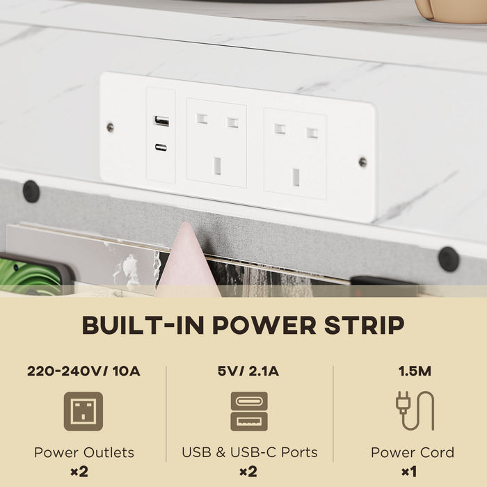 HOMCOM C-Shaped Bedside Table with Charging Station, Marble Grain Side Table with Power Outlets & USB Ports, Storage Bags, for Bedroom, Living Room, White