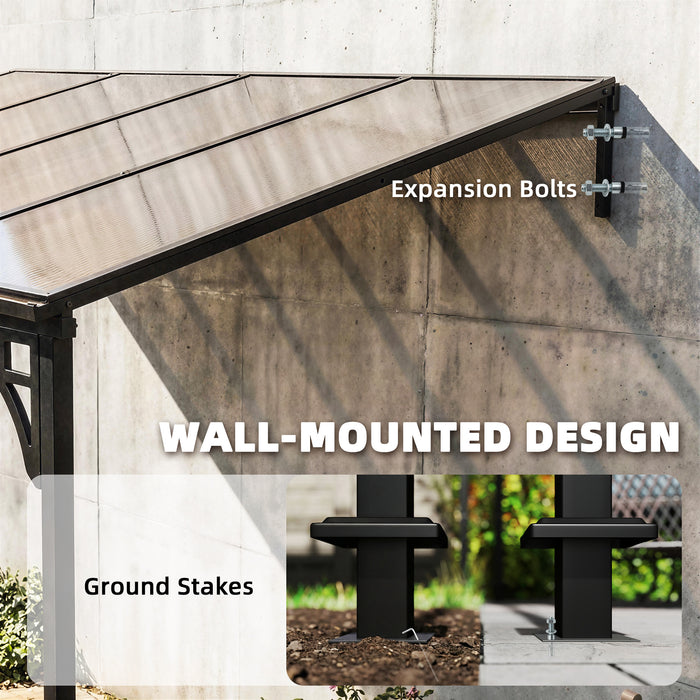 Outsunny 4 x 3 m Metal Lean-to Pergola, Wall-Mounted Garden Pergola with Polycarbonate Roof and Metal-Aluminium Frame, Heavy Duty Hardtop Gazebo for Outdoor Patios, BBQ, Brown
