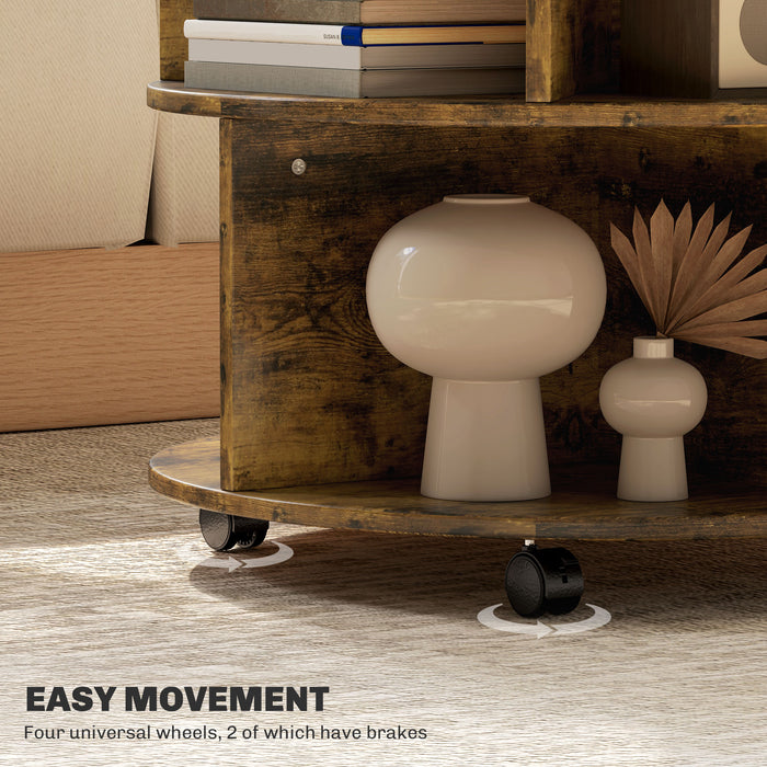 HOMCOM Round Coffee Table with Wheels, 3-Tier Rolling Side Table for Living Room with Divided Shelves, Rustic Brown | Aosom UK