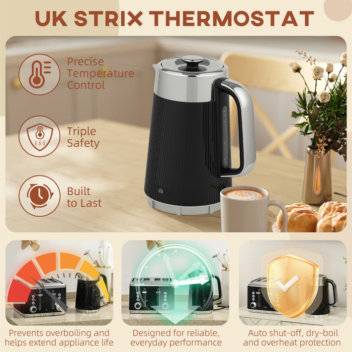 HOMCOM Electric Kettle and Toaster Set, 3000W 1.7L UK Strix Thermostat Rapid Boil Jug Kettle with Limescale Filter, Cool Touch Body, 4 Slice Toaster with 7 Browning Controls, Crumb Tray, Black