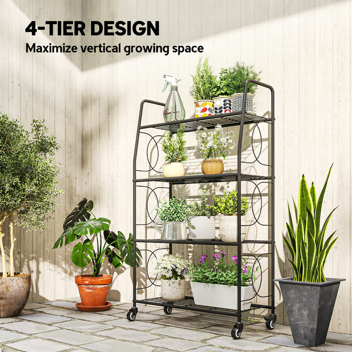 Outsunny 4-Tier Metal Plant Stand, Heavy Duty Ladder Shelf Potted Plants Display Rack with Lockable Wheels
