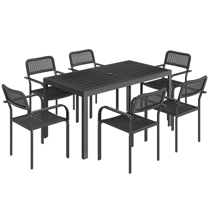 Outsunny Garden Dining Set for 6, Faux Wood Metal Outdoor Table and Stackable Chairs with Plastic Rattan Effect Seat, Black