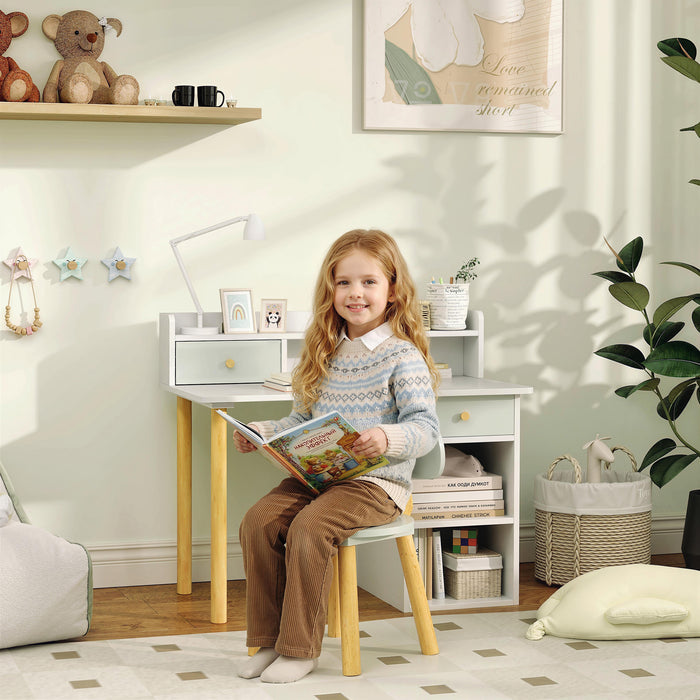 AIYAPLAY Two-Piece Children Study Table with Hutch, Kids Desk and Chair Set with Storage, Drawer, Shelves, Green