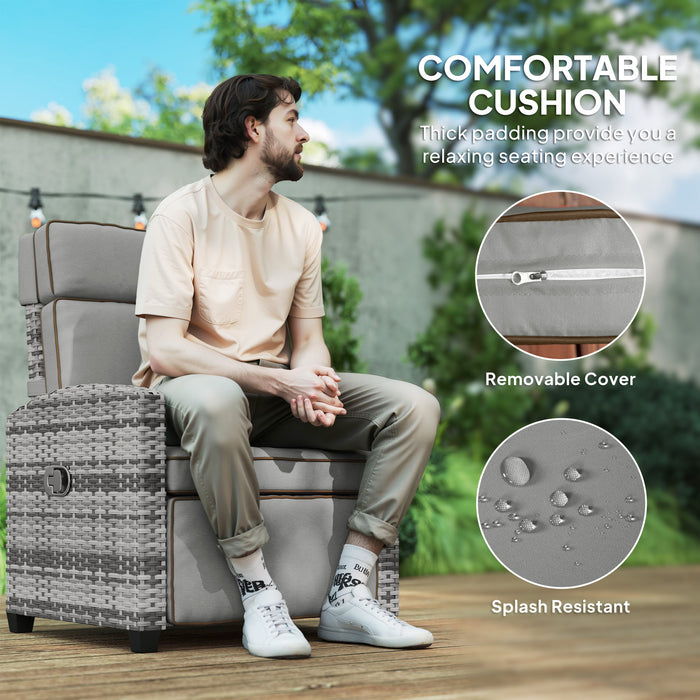 Outsunny Rattan Garden Recliner Chair, Adjustable Backrest Reclining Rattan Chair with Flip Table, Cushion and Footrest, Indoor Outdoor Lounge Reclining Sun Lounger for Patio, Mixed Grey/Grey