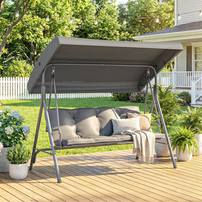 Outsunny 3 Seater Garden Swing Chair, Patio Rocking Bench with Tilting Canopy, Removable Cushion and Steel Frame, Dark Grey