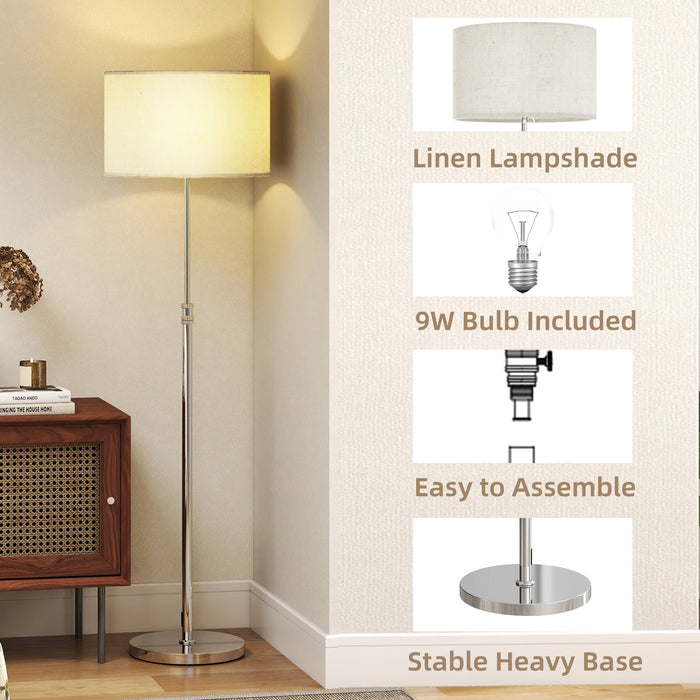 HOMCOM Floor Lamp with Remote, Height Adjustable Standing Lamp with Linen Shade, Dimmable with 3000K-6000K Adjustable Colour Temperatures, Foot Switch for Living Room Bedroom Office, Silver Tone