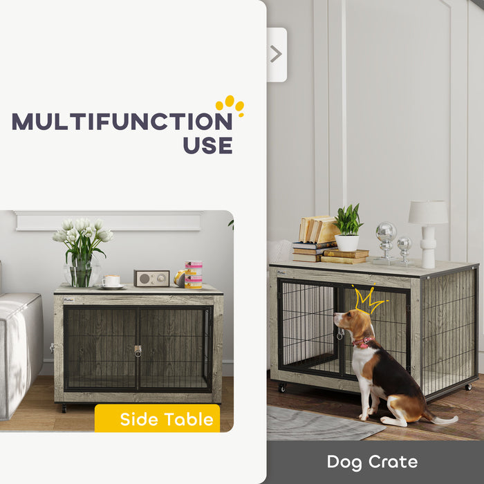 PawHut Dog Crate Furniture with Wheels, Double Doors, for Medium Dogs, 80 x 56 x 62.5cm, Grey