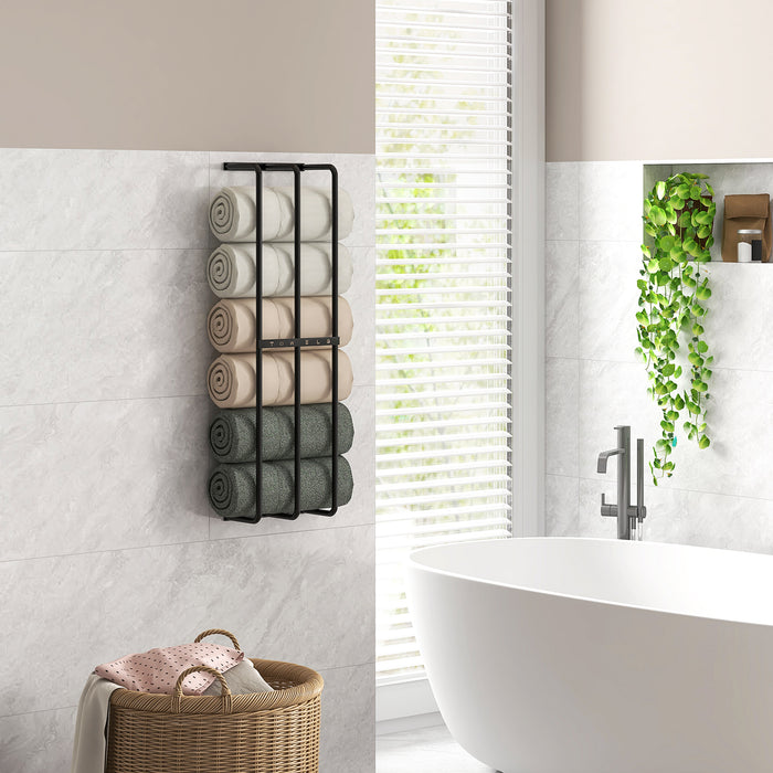Wall-Mounted Towel Rack with 3 Bars - Metal Towel Rail for Bathroom Holds 6 Large Rolled Towels - Space-Saving Towel Storage Solution for Home and Spa Use