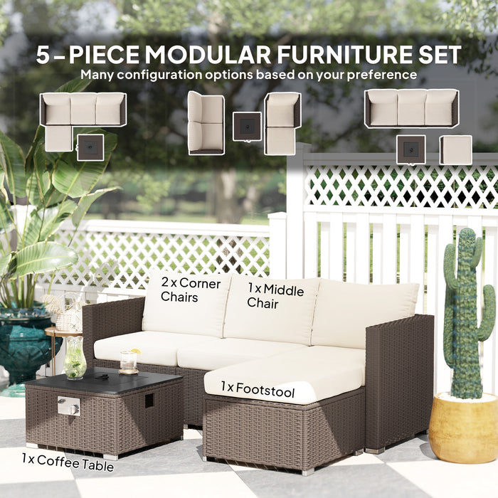 Outsunny Five Piece Rattan Garden Furniture Set with Gas Fire Pit Table and Footstool - Brown and Cream White