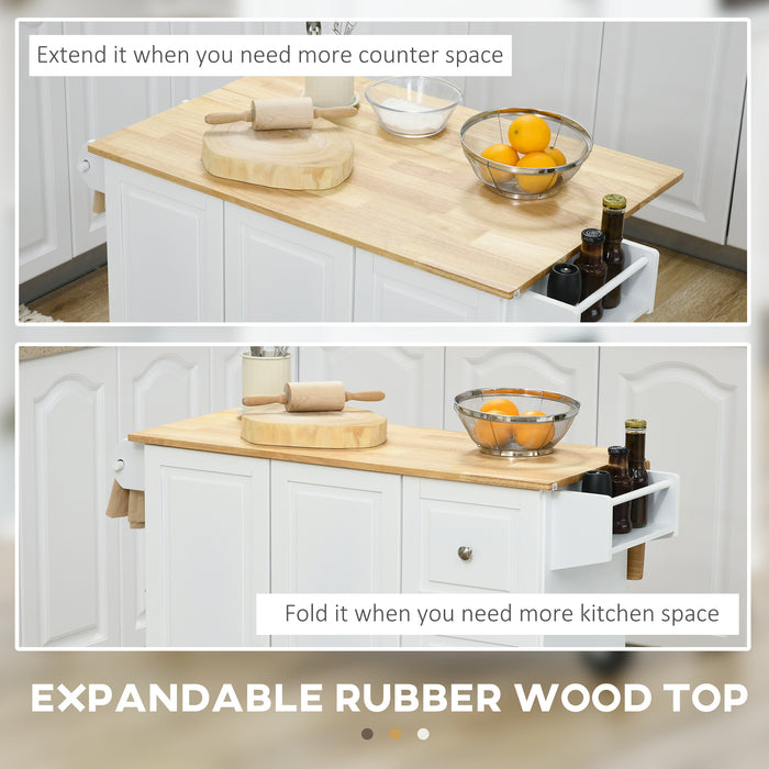 HOMCOM Kitchen Island with Drop Leaf, Rolling Kitchen Storage Trolley on Wheels with 3 Drawers, Spice Rack and Towel Rack, Storage Cart with Rubber Wood Top, White