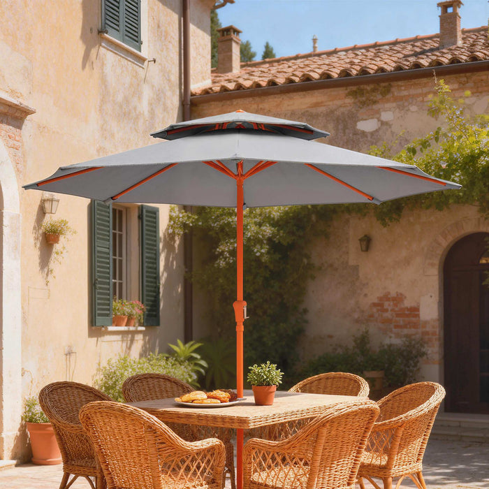 Outsunny 2.7 m Garden Parasol with Double Top Outdoor Market Table Umbrella with Crank System, Light Grey