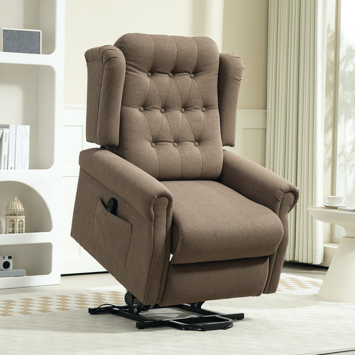 HOMCOM Power Lift Recliner Chair, Wingback Button Tufted Electric Lift Chair for Elderly, Fabric Riser and Reclining Armchair with Remote Control, Side Pockets, for Living Room, Dark Brown