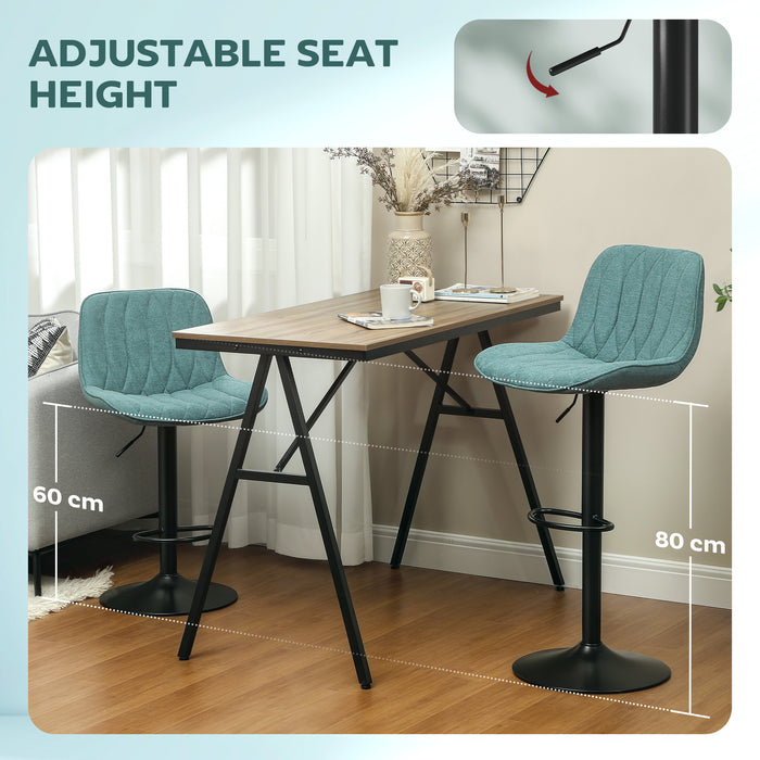 HOMCOM Bar Stools Set of 2, Height Adjustable Swivel Barstools with Backrest and Footrest, Modern Linen Upholstered Armless Bar Chairs for Kitchen, Breakfast Counter, Blue