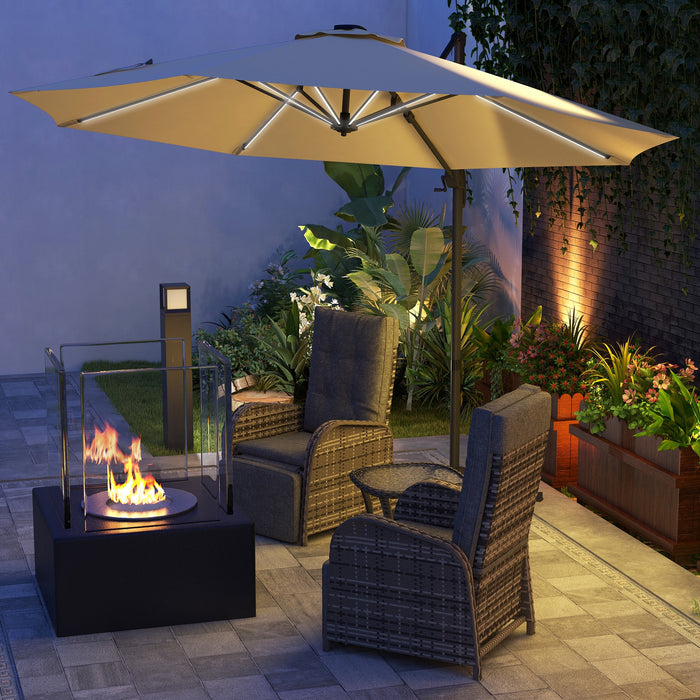 Adjustable 3m Cantilever Parasol with Base - Solar-Powered LED Lighting, Elegant Khaki Shade - Ideal for Outdoor Relaxation and Evening Ambiance