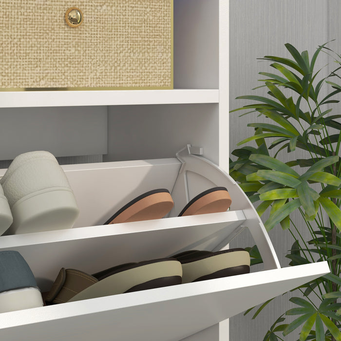 Shoe Storage Organizer for 16 Pairs - Modern White Cabinet with Flip Doors - Ideal for Entryway Clutter Control