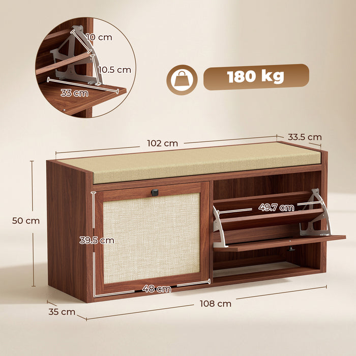 HOMCOM Rattan Shoe Bench with Padded Cushion and 2 Cabinets for Hidden Storage, Brown