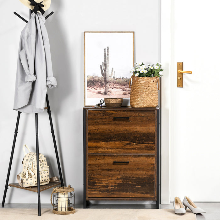 Industrial Style Shoe Organizer - 2 Flip Drawers Narrow Cabinet, Stores Up to 12 Pairs - Space-Saving Freestanding Rack for Entryways and Hallways
