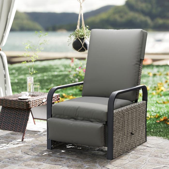 Outsunny Rattan Garden Recliner Chair, Reclining Rattan Chair with Adjustable Backrest and Footrest, Outdoor Lounge Sun Lounger with Cushion, Side Tray and Aluminium Armrests, Light Grey/Dark Grey
