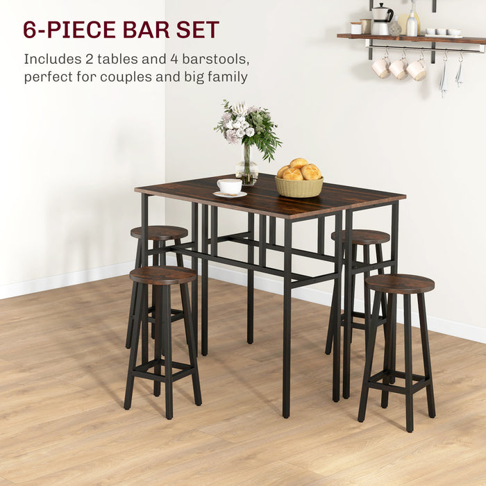 6-Piece Bar Table Set with Stools - Rustic Brown Breakfast Tables and Counter Height Chairs for Kitchen and Living Room - Ideal for Dining and Entertaining