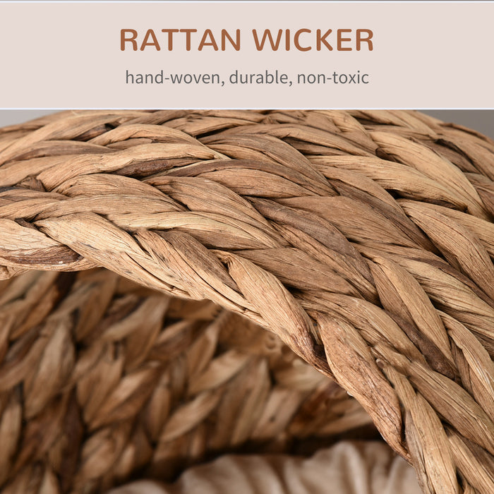 PawHut Woven Banana Leaf Elevated Cat Bed Wicker Kitten Basket Pet Den, House Cosy Cave with Soft Cushion Dome 50x42x60cm Brown