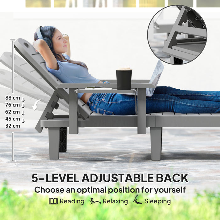 Outsunny Set of 2 Resin Reclining Sun Loungers for Garden, 5 Positions Adjustable Outdoor Chaise Lounge Chairs with Wood Texture Surface, Armrests, Foldable Side Table for Garden, Beach, Dark Grey