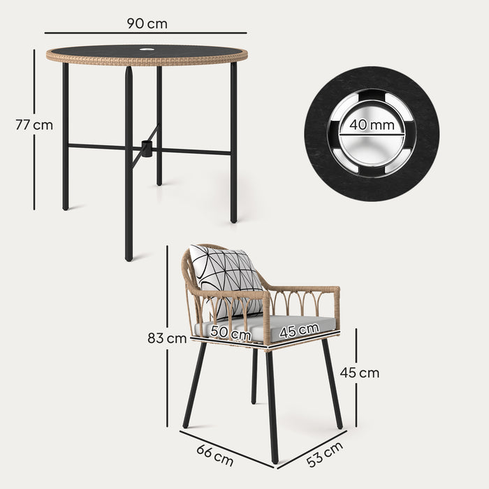 Outsunny 5 Piece Patio Rattan Dining Set, Wicker Garden Table and Chairs w/ Removable Seat & Back Cushions, Round Tempered Glass Tabletop, Parasol Hole, Outdoor Furniture Conservatory Set, Light Brown