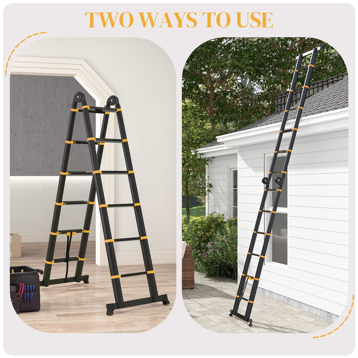 3.8M Duo Aluminium Ladder with Integrated Tool Holder - Herringbone Extendable Ladder, 12 Non-Slip Steps for Safety - Ideal for DIY Enthusiasts and Professional Use