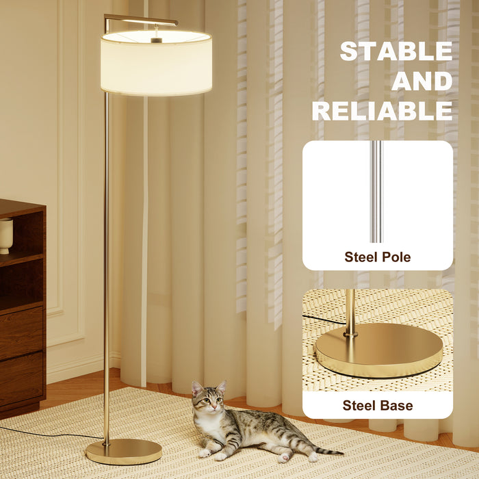 HOMCOM Floor Lamp, Modern Standing Lamp with Linen Lampshade, Round Base for Living Room, Bedroom, Dining Room, 153cm, Silver Tone