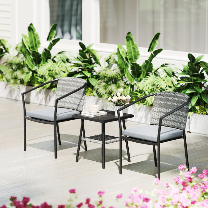 Outsunny 3 Pieces Rattan Bistro Set with Cushions, Wicker Garden Furniture Set, Glass Top Coffee Table and Chairs for Outdoor Patio, Balcony, Terrace and Conservatory, Grey