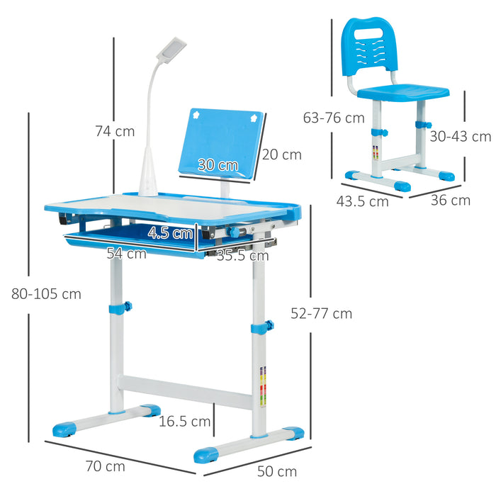 HOMCOM Kids Study Desk and Chair Set w/ Adjustable Height, Storage Drawer - Blue | Aosom UK