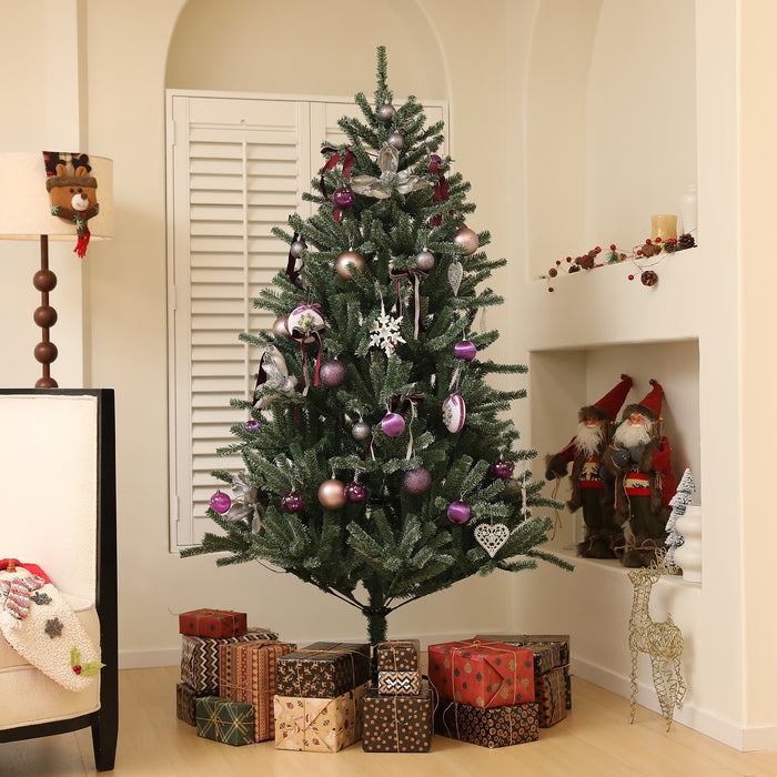 HOMCOM 6ft Artificial Prelit Christmas Tree with Warm White LED Lights and 796 Tips, Metal Stand, Xmas Tree with Purple Ornaments for Home Office Holiday
